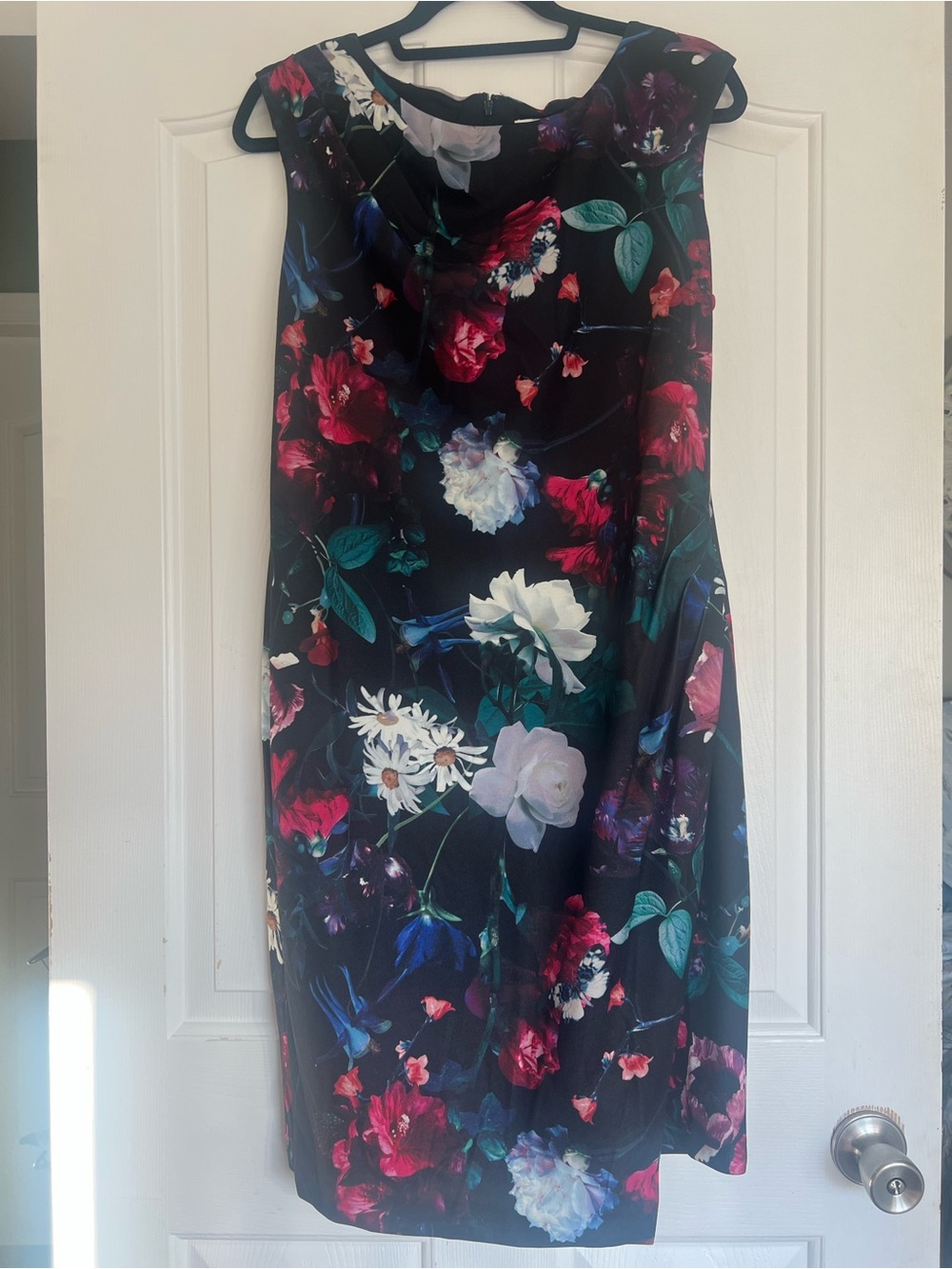 Calvin Klein Black Midi Sheath Dress with Red, White and Green Floral Print